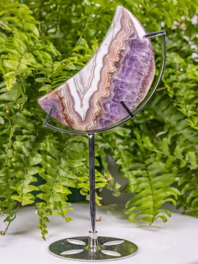 Polished Banded Agate Amethyst Crescent Moon Carving