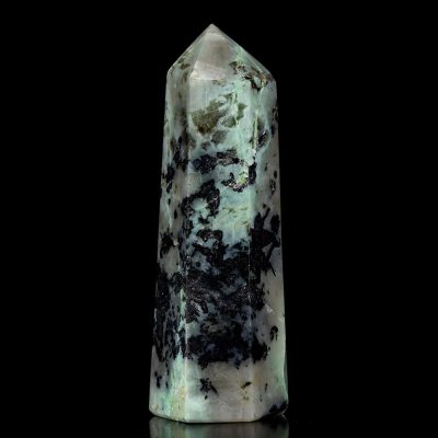 Large Green Moonstone With Black Tourmaline Polished Point