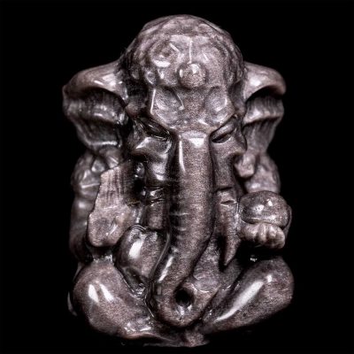 Polished Silver Sheen Obsidian Ganesh Carving