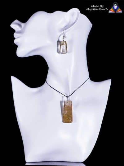 Golden Rutilated Quartz Pendant & Earring Set  – With 925 Sterling Silver Plated Fittings