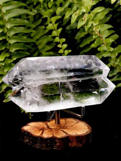 Double Terminated Polished Clear Quartz Twin Crystal With Stand