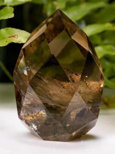 Polished Rainbow Smoky Devic Temple Quartz Faceted Tower