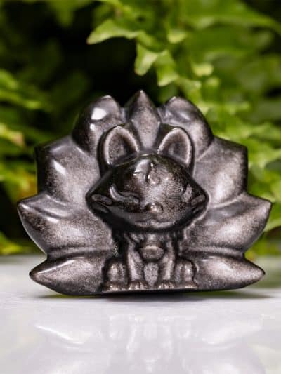 Polished Ultra Grade Silver Sheen Obsidian Nine Tail Fox Carving