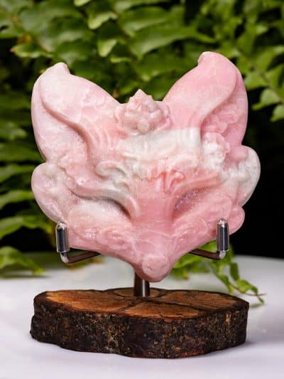 Polished Pink Opal Fox Carving With Stand