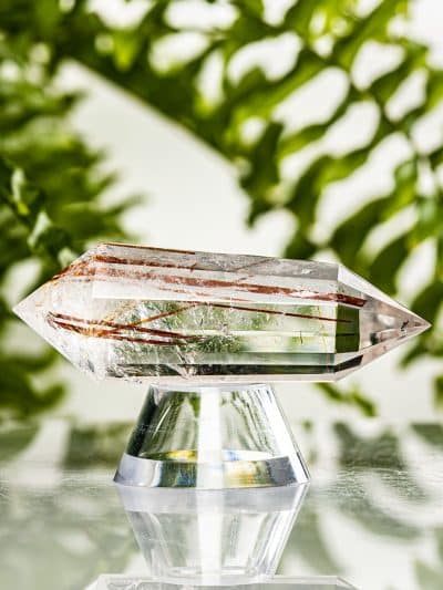 Polished Copper Rutilated 12 Sided Vogel Cut Rainbow Clear Quartz Wand