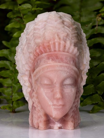 Polished Pink Opal Native American With Headdress Carving
