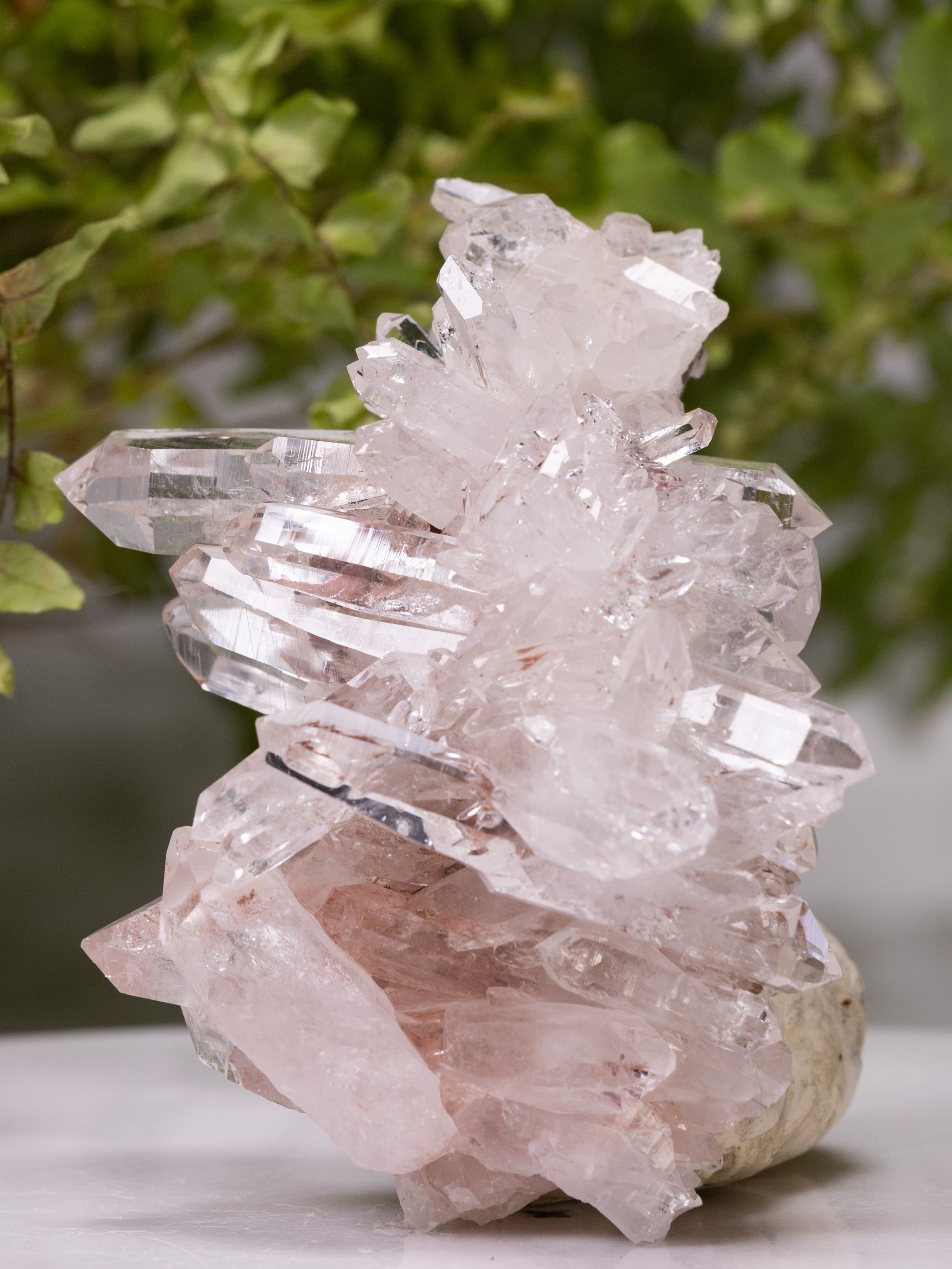 Colombian Sacred Rosé Pink Lithium Silver Light quartz cluster with glassy double terminated clear points