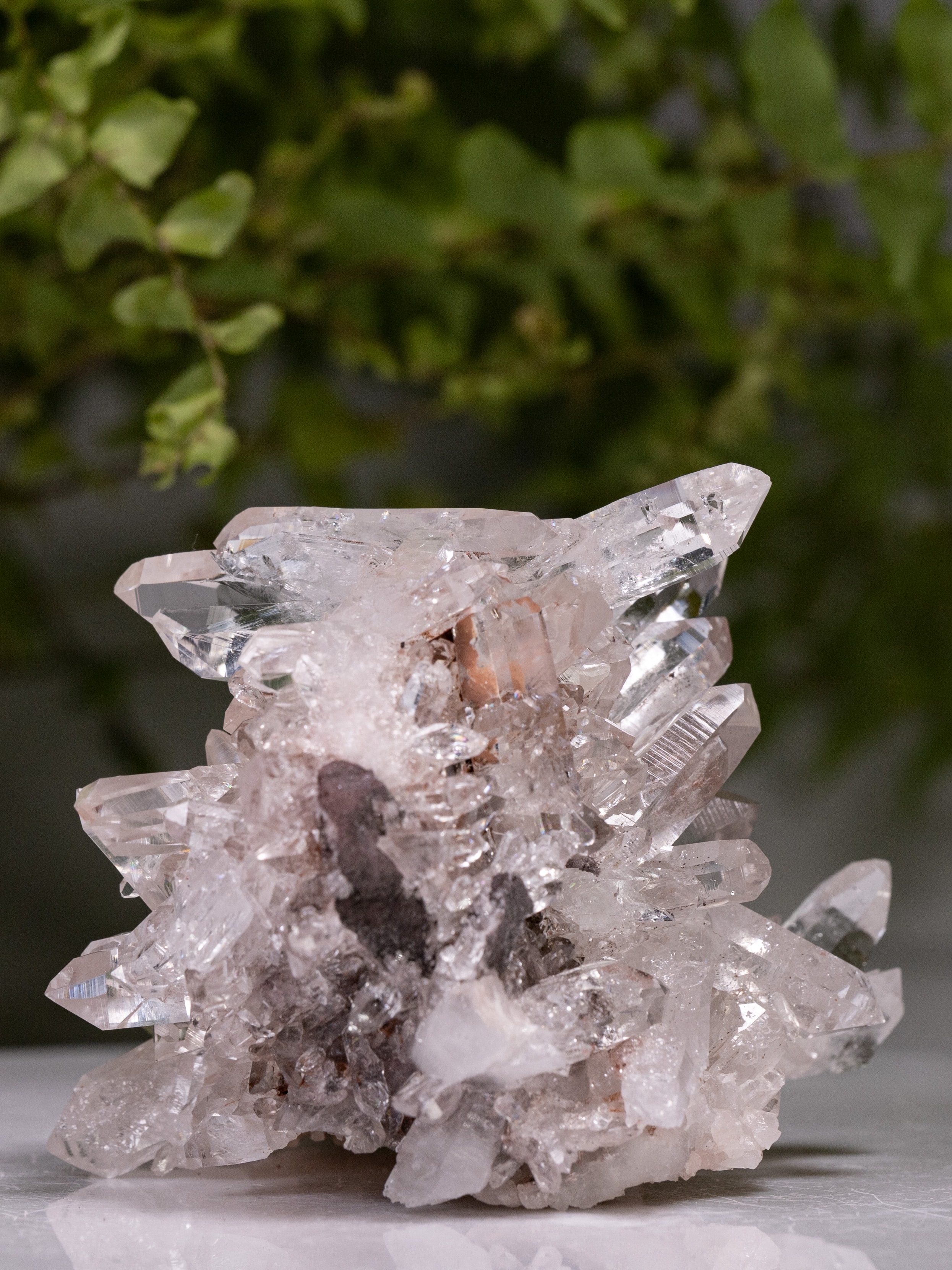 Colombian Sacred Rosé Pink Lithium Silver Light double terminated Tantric Twin quartz cluster with dark matrix contrast